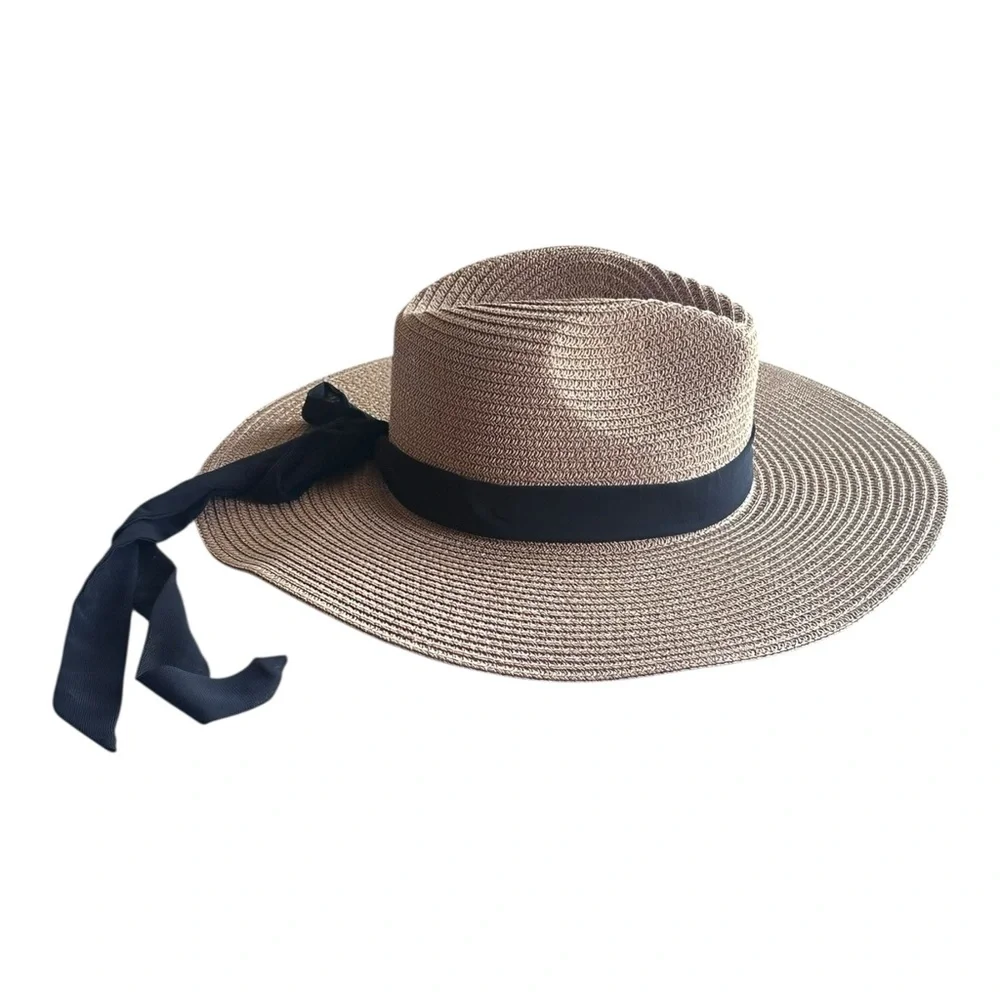 NWT‎ Vince Camuto sun hat black and tan with ribbon one size